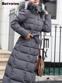 Botvotee Parka lungă elegantă pentru femei, toamnă iarnă 2023, noua modă coreeană cu glugă, jachete calde groase, paltoane lungi Y2k pentru femei