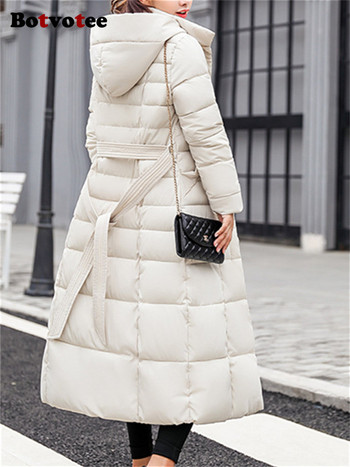 Botvotee Елегантни дълги паркове за жени Есен Зима 2023 Нова корейска мода Удебелени топли якета с качулка Дамски дълги Y2k палта