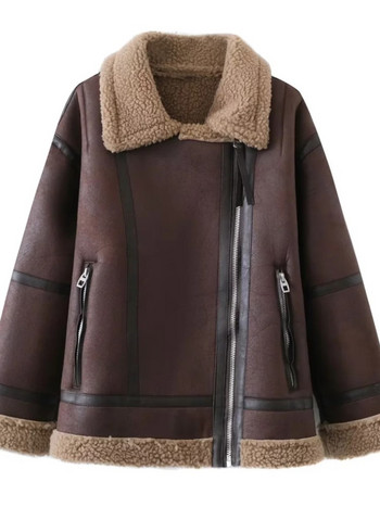 2023 Зимни дамски топли дебели кожени якета от изкуствена кожа Винтидж палто с ревер и цип с дълги ръкави Модни дамски палта от High Street