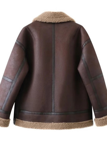 2023 Зимни дамски топли дебели кожени якета от изкуствена кожа Винтидж палто с ревер и цип с дълги ръкави Модни дамски палта от High Street