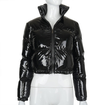 Jachetă pufă din piele PU strălucitoare drăguță pentru femei de iarnă Paltoane calde groase cu bule Parka din piele strălucitoare pufă decupată cu fermoar PU roșu