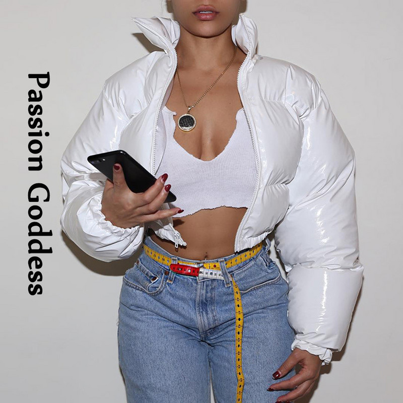 Jachetă pufă din piele PU strălucitoare drăguță pentru femei de iarnă Paltoane calde groase cu bule Parka din piele strălucitoare pufă decupată cu fermoar PU roșu