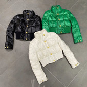 2023, iarnă, parka pentru femei, haină pentru studenți, jachetă căptușită strălucitoare, guler în picioare, cu nasturi, temperament, top scurt