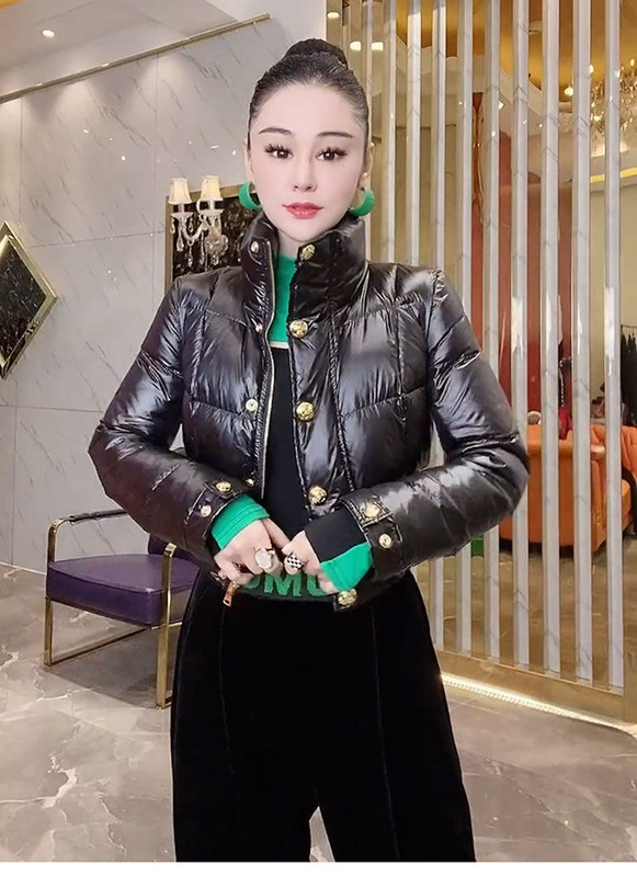 2023, iarnă, parka pentru femei, haină pentru studenți, jachetă căptușită strălucitoare, guler în picioare, cu nasturi, temperament, top scurt