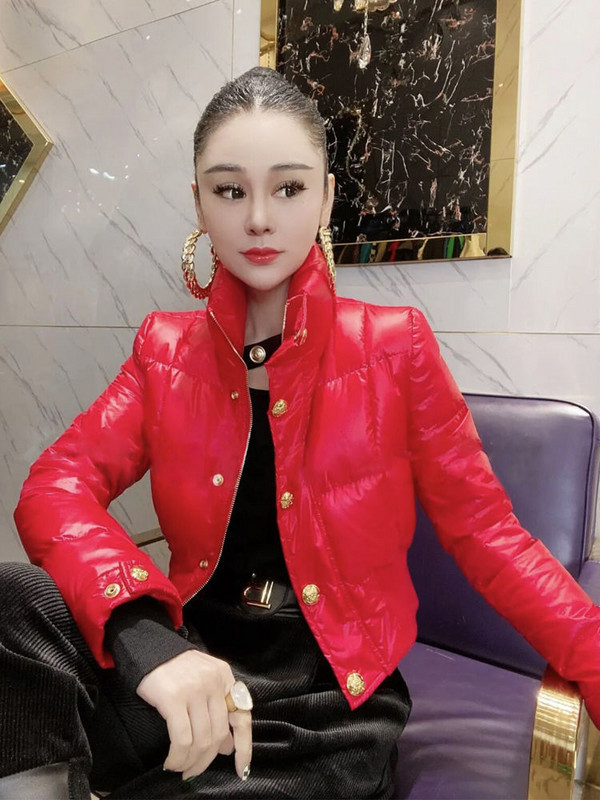 2023, iarnă, parka pentru femei, haină pentru studenți, jachetă căptușită strălucitoare, guler în picioare, cu nasturi, temperament, top scurt