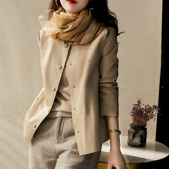 Пролетно есенно яке с кръгло деколте, едноцветно, елегантно яке от PU кожа, дамско темпераментно универсално палто с копчета, женска горна жилетка