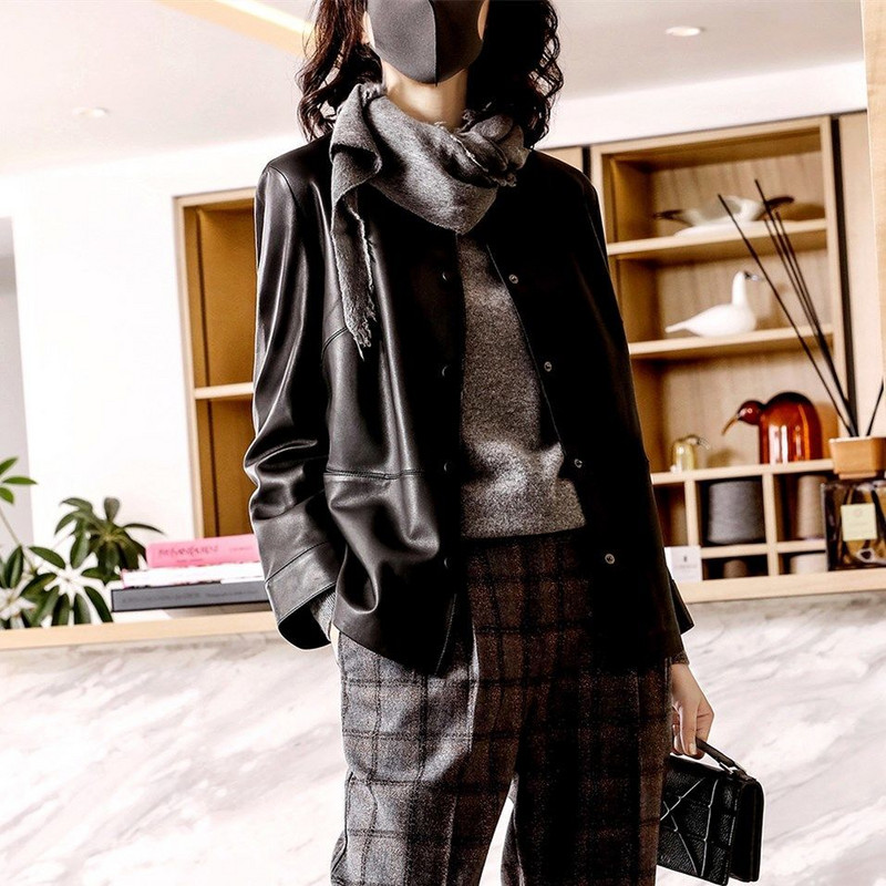 Pavasario rudens apvalios kaklo vienspalvės elegantiškos PU odinės striukės, moteriškos temperamento, mygtukų paltas, moteriškas megztinis viršus