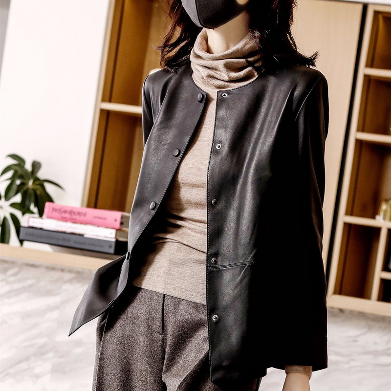 Pavasario rudens apvalios kaklo vienspalvės elegantiškos PU odinės striukės, moteriškos temperamento, mygtukų paltas, moteriškas megztinis viršus