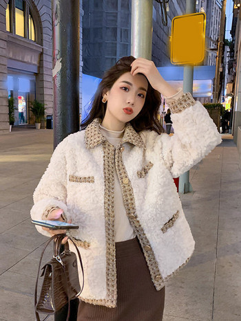 Zoki Дамски сладки изкуствени агнешки палта Елегантно яке в корейски преппи стил, зимно модно свободно дамско палто с дълъг ръкав