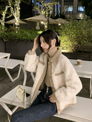 Zoki Дамски сладки изкуствени агнешки палта Елегантно яке в корейски преппи стил, зимно модно свободно дамско палто с дълъг ръкав