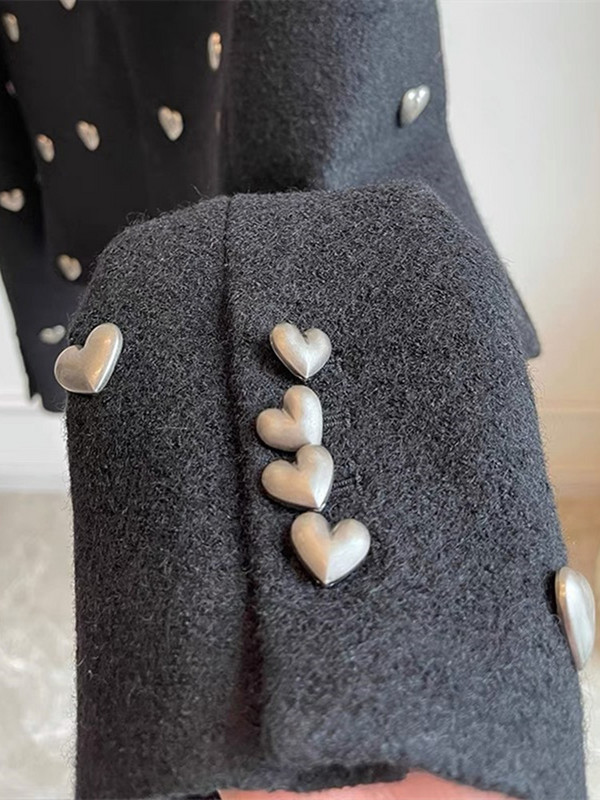 Toamnă Iarnă Moda Inimă Cataramă Lână Neagră Tweed Jachetă Scurtă Femei Vintage Manecă Lungă Decolteu V Val Cardigan Îmbrăcăminte Top