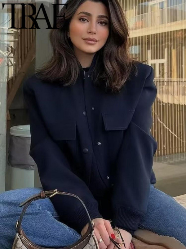 TRAF Jachete noi pentru damă Palton Bombers Îmbrăcăminte cu mânecă lungă 2023 Top cu nasturi solid Y2K Ocazional largi primăvară toamnă Jachete scurte pentru femei