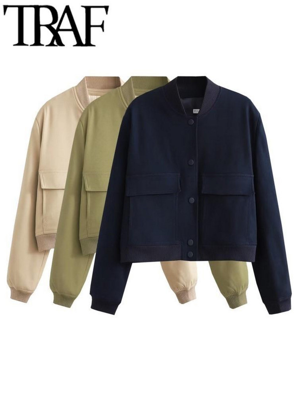 TRAF Jachete noi pentru damă Palton Bombers Îmbrăcăminte cu mânecă lungă 2023 Top cu nasturi solid Y2K Ocazional largi primăvară toamnă Jachete scurte pentru femei