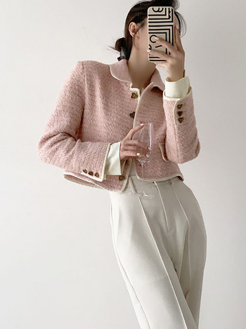 Jmprs Sweet Japan Дамско розово сако от туид с елегантен дизайн на копчета Скъсен костюм Палто Модни женски ежедневни топове с дълги ръкави Kawaii