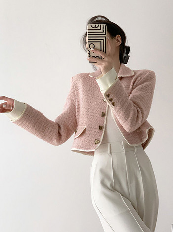 Jmprs Sweet Japan Дамско розово сако от туид с елегантен дизайн на копчета Скъсен костюм Палто Модни женски ежедневни топове с дълги ръкави Kawaii