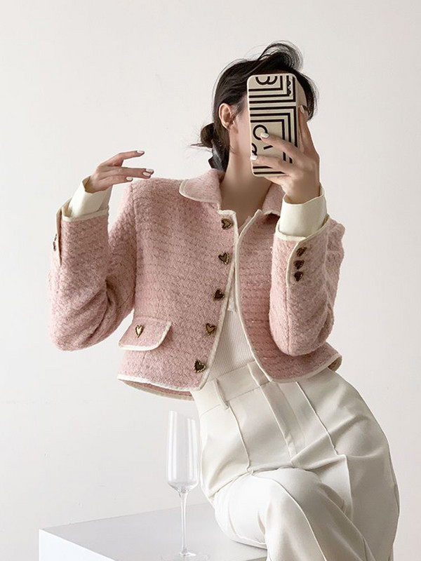 Jmprs Sweet Japan Moterų rožinė tvido striukė Elegantiško dizaino sagos, apkarpytos kostiumo paltas, mados, moteriškos laisvalaikio ilgomis rankovėmis Kawaii palaidinės