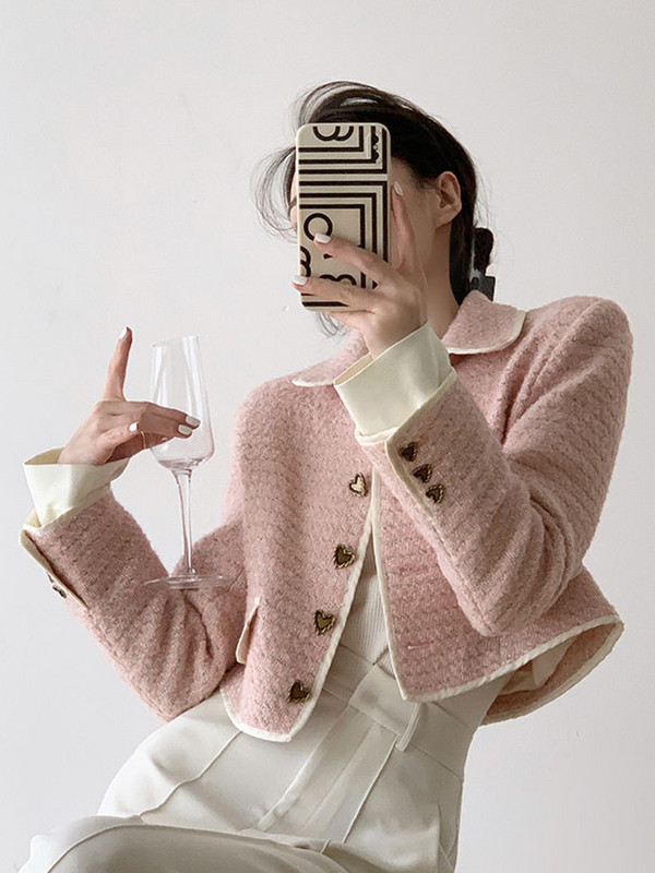 Jmprs Sweet Japan Moterų rožinė tvido striukė Elegantiško dizaino sagos, apkarpytos kostiumo paltas, mados, moteriškos laisvalaikio ilgomis rankovėmis Kawaii palaidinės