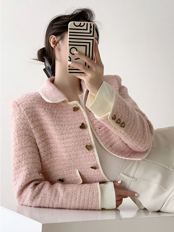 Jmprs Sweet Japan Moterų rožinė tvido striukė Elegantiško dizaino sagos, apkarpytos kostiumo paltas, mados, moteriškos laisvalaikio ilgomis rankovėmis Kawaii palaidinės