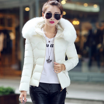 Дамско зимно ново модно женско яке Едноцветни слипове Дамски якета Тънка кожена яка Къси дебели топли женски палта с джоб с цип