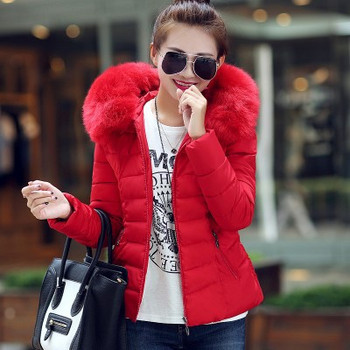 Дамско зимно ново модно женско яке Едноцветни слипове Дамски якета Тънка кожена яка Къси дебели топли женски палта с джоб с цип