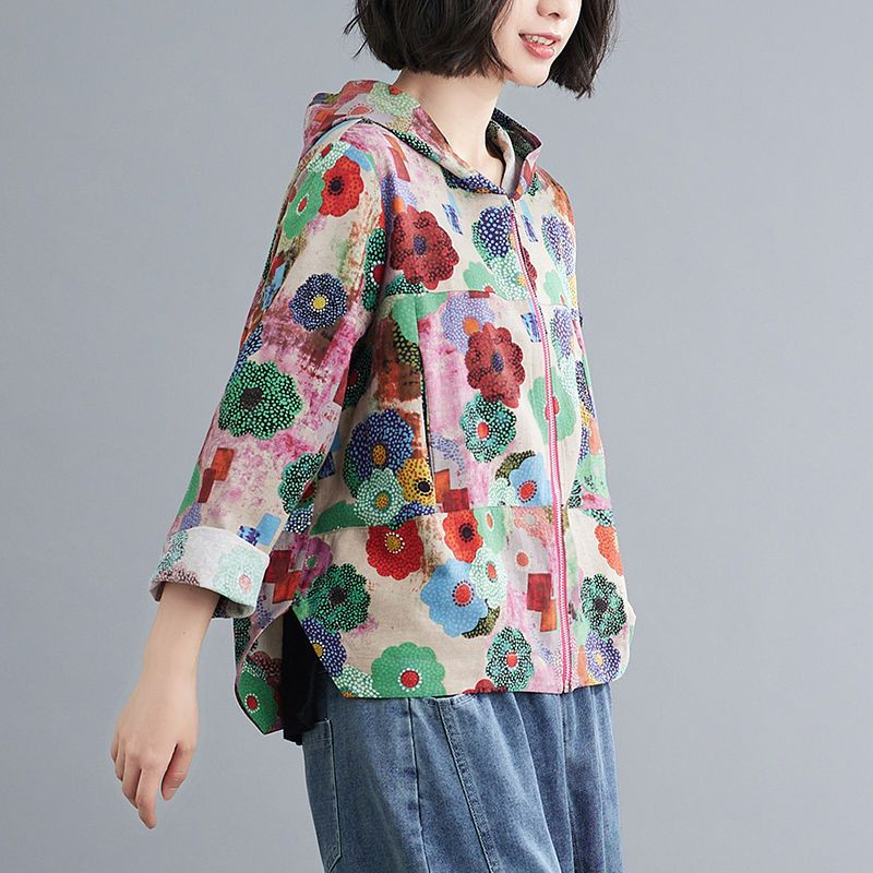 2023-as új tavaszi és őszi divatirodalom Retro, igényes nyomtatás, alkalmi laza, sokoldalú kapucnis pamutvászon női kabát
