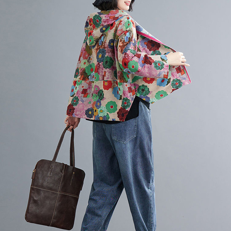 2023-as új tavaszi és őszi divatirodalom Retro, igényes nyomtatás, alkalmi laza, sokoldalú kapucnis pamutvászon női kabát