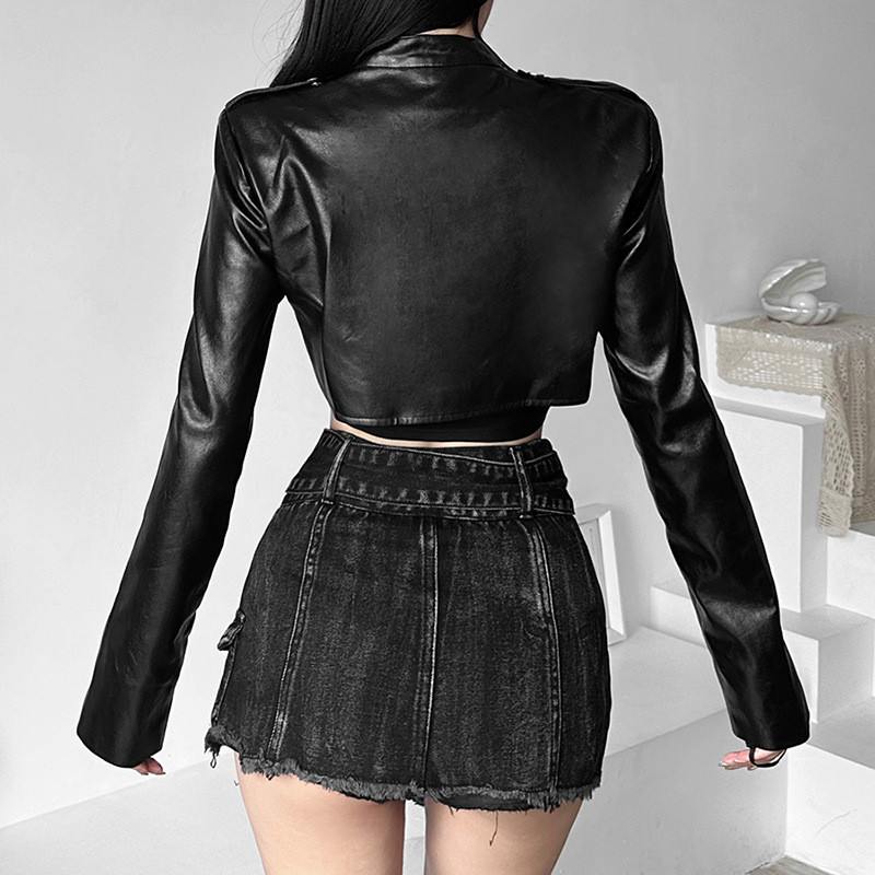 Goth Dark Fermoar Cyber Gothic Y2k Jachete Crop Stilul Grunge Punk Paltoane din piele artificială Moda feminină Streetwear Haina cu tiv neregulat