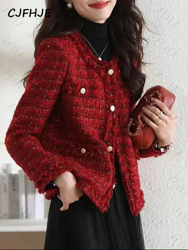 CJFHJE Jachetă scurtă de lână roșu verde pentru femei, primăvară, toamnă, modă franceză, elegantă, populară, pentru femei, Casacos Chaqueta Mujer