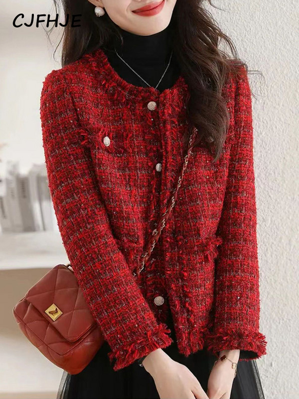 CJFHJE Jachetă scurtă de lână roșu verde pentru femei, primăvară, toamnă, modă franceză, elegantă, populară, pentru femei, Casacos Chaqueta Mujer