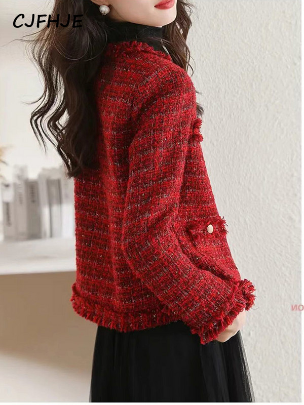 CJFHJE Jachetă scurtă de lână roșu verde pentru femei, primăvară, toamnă, modă franceză, elegantă, populară, pentru femei, Casacos Chaqueta Mujer