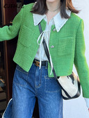 CJFHJE Jachetă de tweed decupată verde, elegantă, pentru femei, primăvară, toamnă, modă franceză, haină scurtă cu decolteu, design de piste, jachetă De Mujer