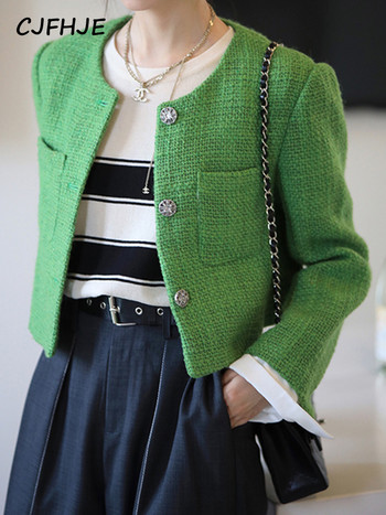 CJFHJE Зелено елегантно изрязано сако от туид Дамско пролетно есенно френско модно късо палто с О деколте Runway Design Chaqueta De Mujer
