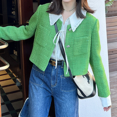 CJFHJE Jachetă de tweed decupată verde, elegantă, pentru femei, primăvară, toamnă, modă franceză, haină scurtă cu decolteu, design de piste, jachetă De Mujer