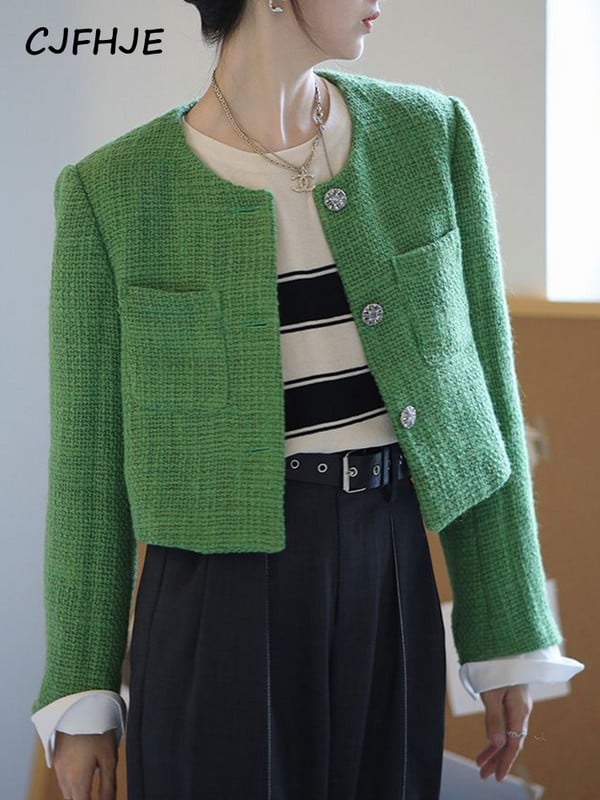 CJFHJE Jachetă de tweed decupată verde, elegantă, pentru femei, primăvară, toamnă, modă franceză, haină scurtă cu decolteu, design de piste, jachetă De Mujer