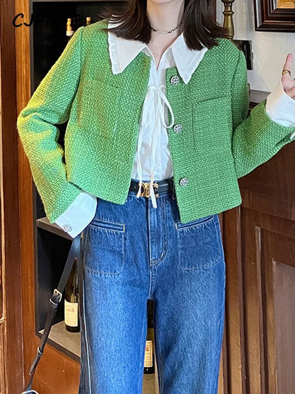 CJFHJE Jachetă de tweed decupată verde, elegantă, pentru femei, primăvară, toamnă, modă franceză, haină scurtă cu decolteu, design de piste, jachetă De Mujer