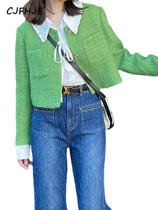 CJFHJE Jachetă de tweed decupată verde, elegantă, pentru femei, primăvară, toamnă, modă franceză, haină scurtă cu decolteu, design de piste, jachetă De Mujer