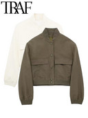 TRAF pavasario mados moterų laisva striukė su kišenėmis ilgomis rankovėmis, uždengtais sagučiais, laisvalaikio moteriški apkarpyti viršutiniai apatiniai drabužiai, balti