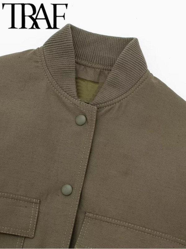 TRAF pavasario mados moterų laisva striukė su kišenėmis ilgomis rankovėmis, uždengtais sagučiais, laisvalaikio moteriški apkarpyti viršutiniai apatiniai drabužiai, balti