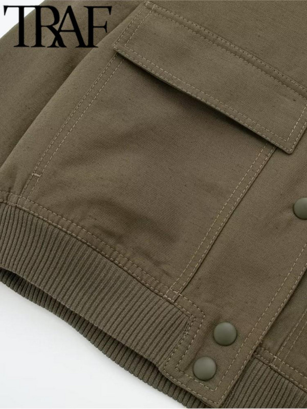 TRAF pavasario mados moterų laisva striukė su kišenėmis ilgomis rankovėmis, uždengtais sagučiais, laisvalaikio moteriški apkarpyti viršutiniai apatiniai drabužiai, balti