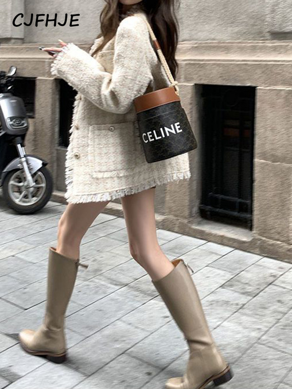 CJFHJE Imbracaminte exterioara pentru dama, bej, cu gat rotund, cu ciucuri, primavara toamna, noua moda coreeana, cu maneca lunga, sacou din tweed, cu margini brute