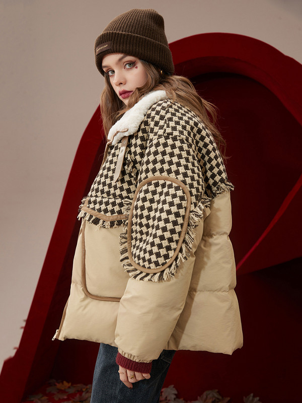 KBAT Jachetă de iarnă supradimensionată din lână din tweed patchwork Jachetă de bază rezistentă la vânt pentru femei Parka cu puf caldă Îmbrăcăminte supradimensionată