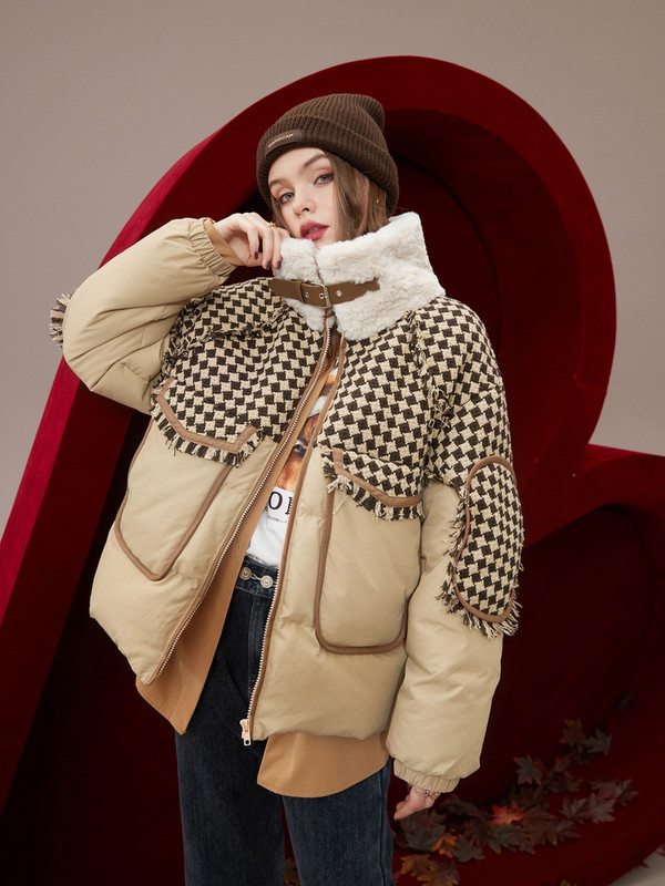 KBAT Jachetă de iarnă supradimensionată din lână din tweed patchwork Jachetă de bază rezistentă la vânt pentru femei Parka cu puf caldă Îmbrăcăminte supradimensionată