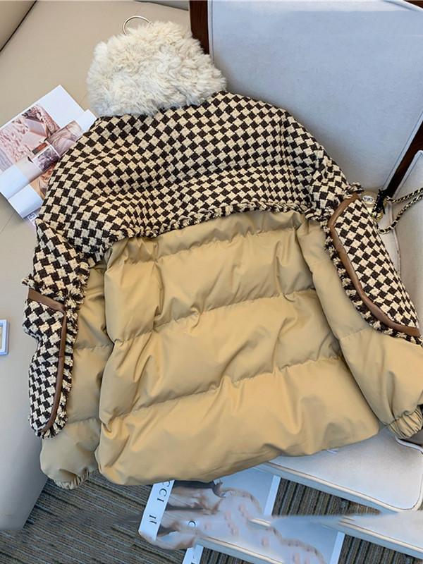 KBAT Jachetă de iarnă supradimensionată din lână din tweed patchwork Jachetă de bază rezistentă la vânt pentru femei Parka cu puf caldă Îmbrăcăminte supradimensionată