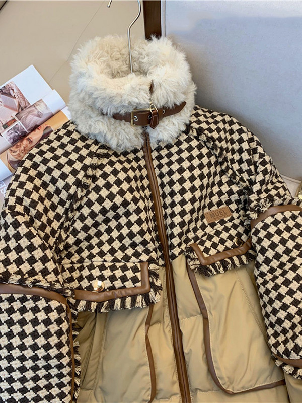 KBAT Jachetă de iarnă supradimensionată din lână din tweed patchwork Jachetă de bază rezistentă la vânt pentru femei Parka cu puf caldă Îmbrăcăminte supradimensionată