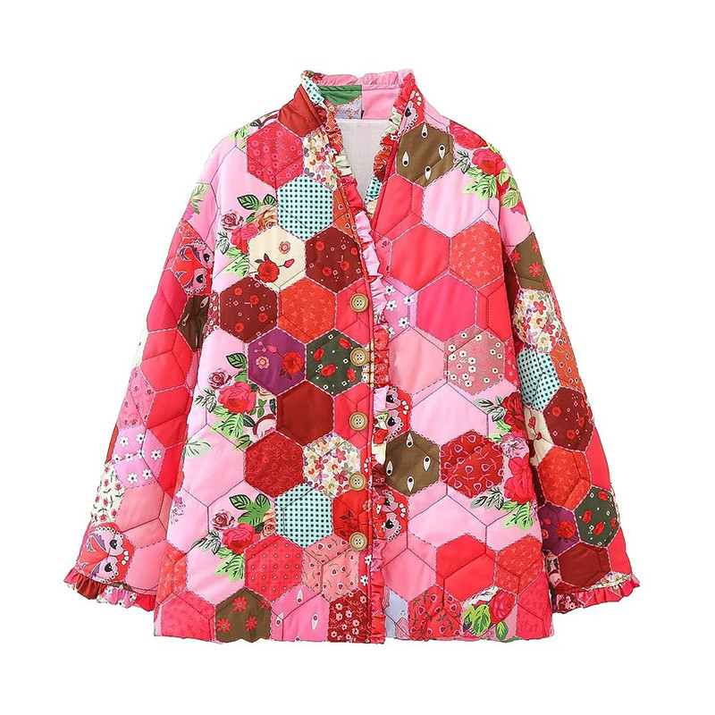 Drukāt Kokvilnas mētelis sievietēm ar V kakla izgriezumu, īss, biezs, silts pogas jaka, 2023. gada ziemas modes biroja sieviešu apģērbi.