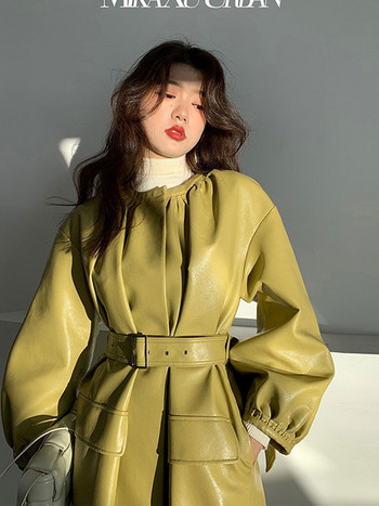 KBAT 2023 Дълго яке от PU кожа Корейска модна есенна зелена ветровка с пояси от изкуствена кожа Офис дамско палто Горно облекло