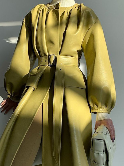 KBAT 2023 jachetă lungă din piele PU, moda coreeană, jachetă de vânt verde de toamnă, geneve din piele artificială, haină de damă de birou.