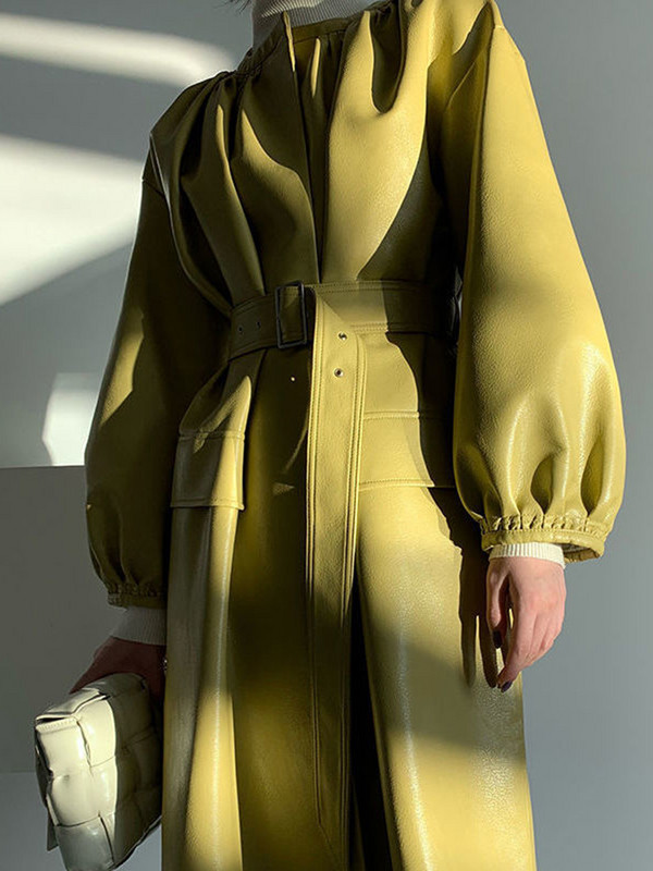 KBAT 2023 jachetă lungă din piele PU, moda coreeană, jachetă de vânt verde de toamnă, geneve din piele artificială, haină de damă de birou.