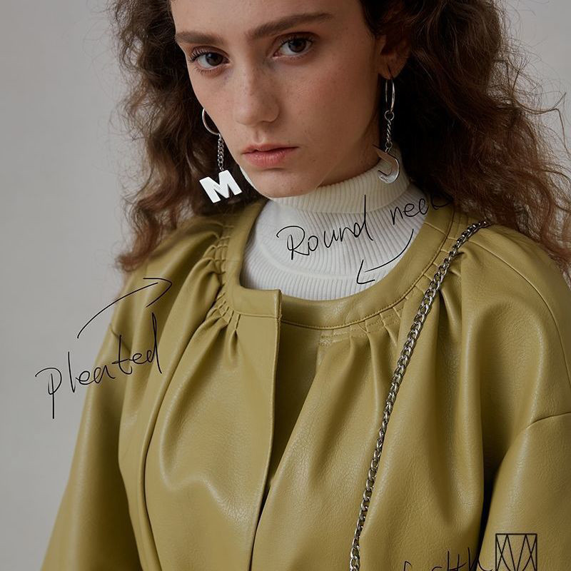 KBAT 2023 jachetă lungă din piele PU, moda coreeană, jachetă de vânt verde de toamnă, geneve din piele artificială, haină de damă de birou.