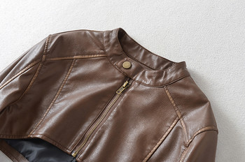 2023 Streetwear Дамско тънко О-образно деколте Pu изкуствена кожа Късо яке Реколта Женско копче с цип Moto Biker Coat Outwear